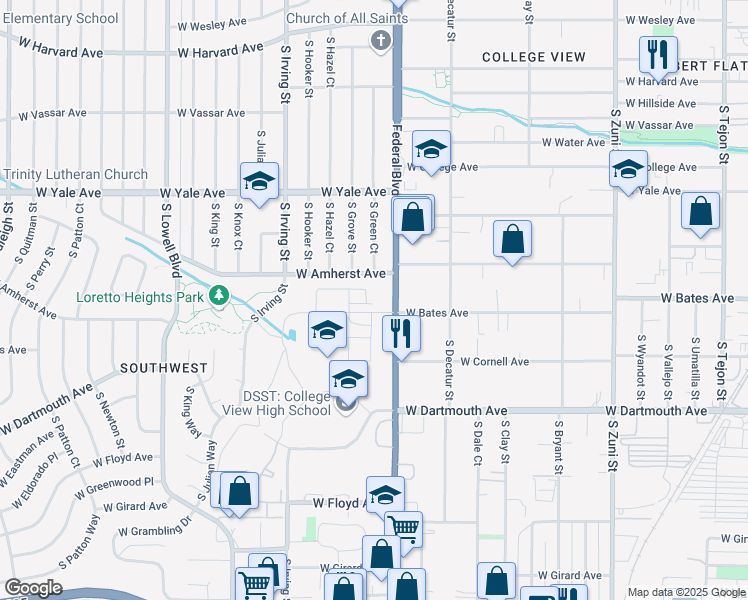 map of restaurants, bars, coffee shops, grocery stores, and more near 2876 South Pancratia Street in Denver