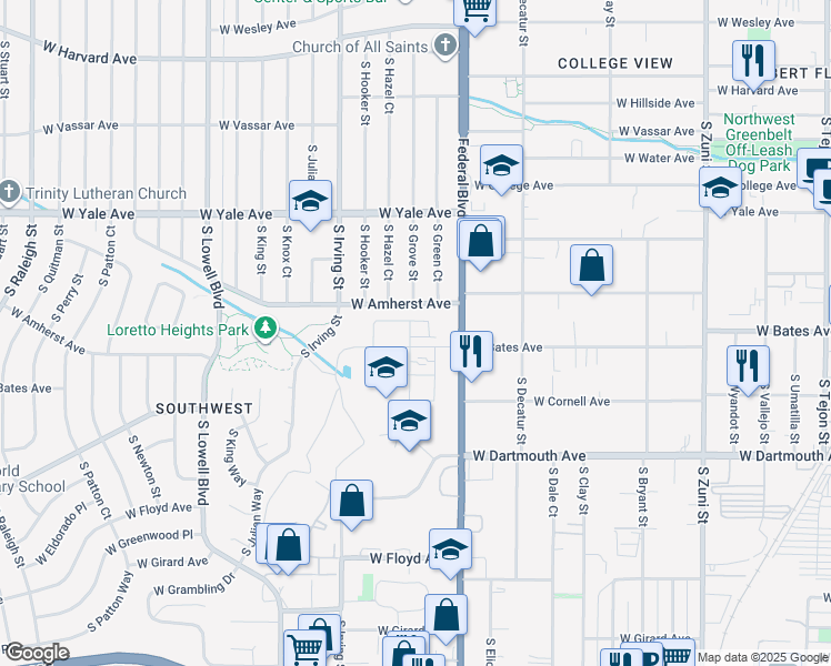 map of restaurants, bars, coffee shops, grocery stores, and more near 2894 South Pancratia Street in Denver