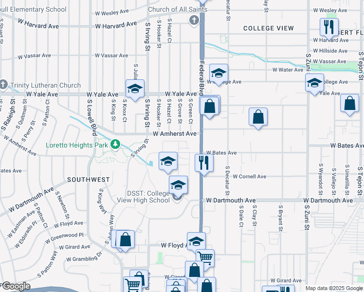 map of restaurants, bars, coffee shops, grocery stores, and more near 2890 South Pancratia Street in Denver