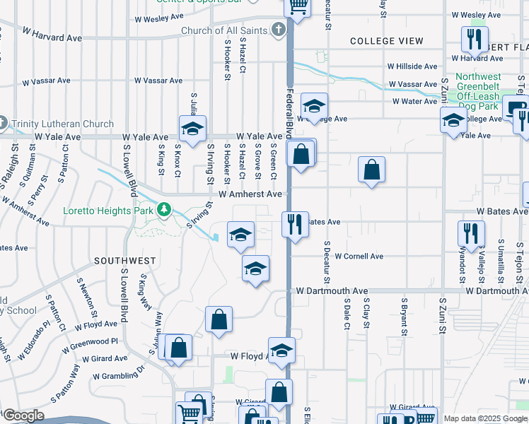 map of restaurants, bars, coffee shops, grocery stores, and more near 2886 South Pancratia Street in Denver