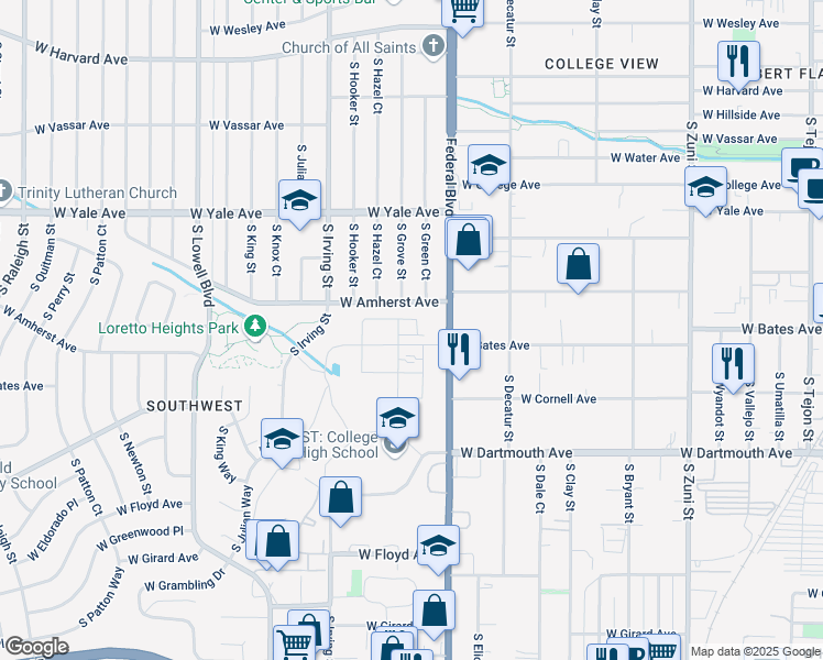 map of restaurants, bars, coffee shops, grocery stores, and more near 2886 South Pancratia Street in Denver