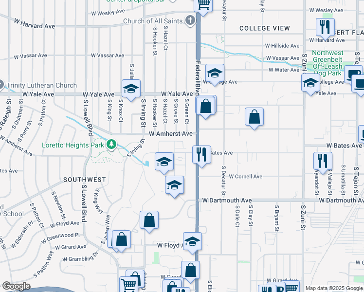 map of restaurants, bars, coffee shops, grocery stores, and more near 2882 South Pancratia Street in Denver