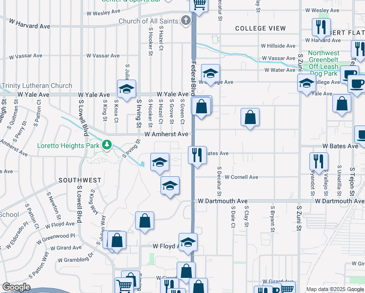 map of restaurants, bars, coffee shops, grocery stores, and more near 2874 South Pancratia Street in Denver