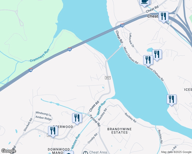 map of restaurants, bars, coffee shops, grocery stores, and more near 33 Waterside Drive in Morgantown
