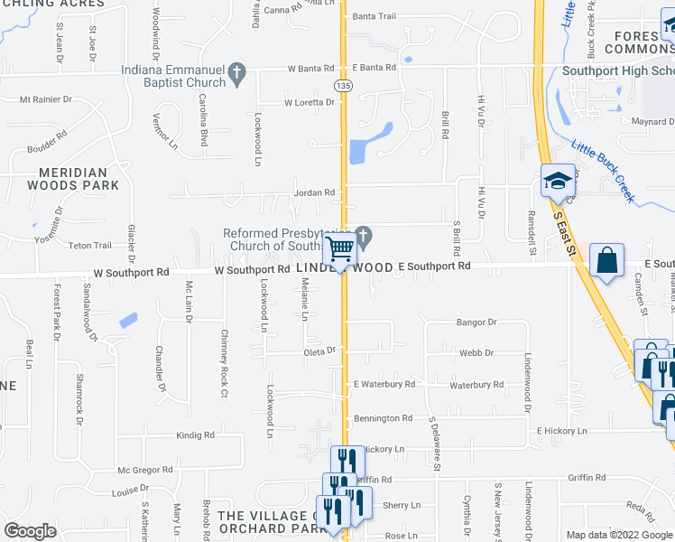 map of restaurants, bars, coffee shops, grocery stores, and more near 7000 S Meridian St in Indianapolis