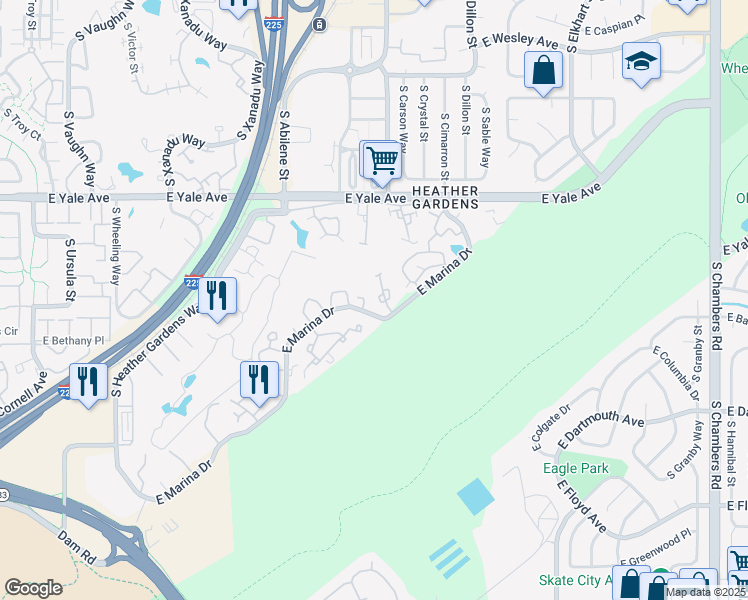 map of restaurants, bars, coffee shops, grocery stores, and more near 14001 East Marina Drive in Aurora