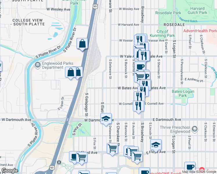 map of restaurants, bars, coffee shops, grocery stores, and more near 2875 South Delaware Street in Englewood