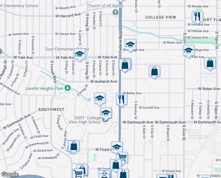 map of restaurants, bars, coffee shops, grocery stores, and more near 3104 West Amherst Avenue in Denver
