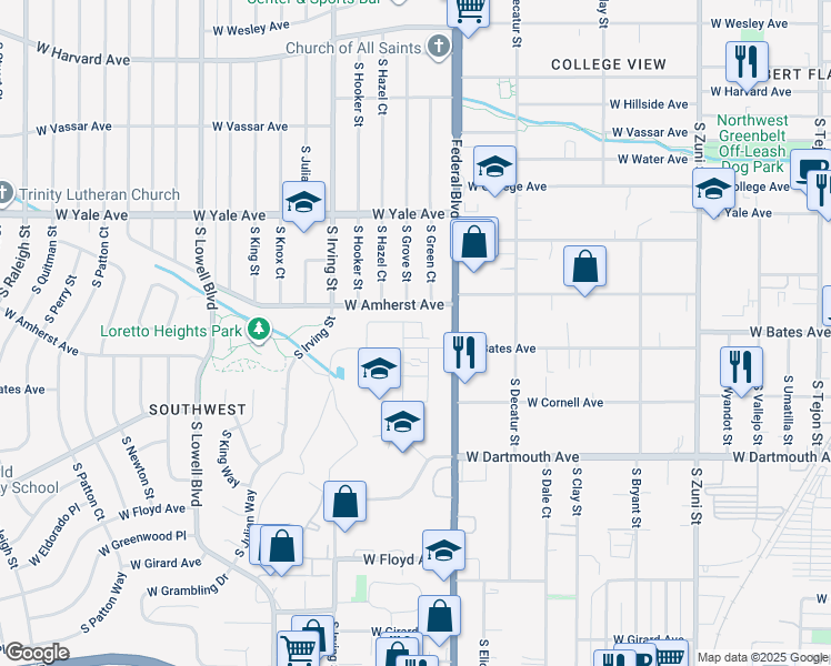 map of restaurants, bars, coffee shops, grocery stores, and more near 3104 West Amherst Avenue in Denver