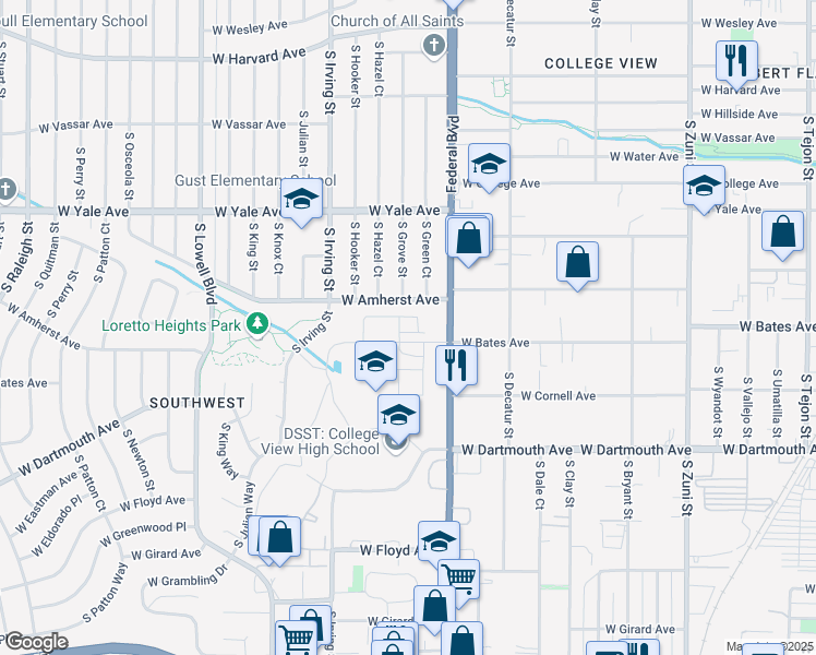 map of restaurants, bars, coffee shops, grocery stores, and more near 3104 West Amherst Avenue in Denver