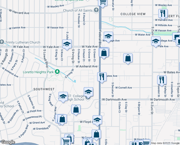 map of restaurants, bars, coffee shops, grocery stores, and more near 3104 West Amherst Avenue in Denver
