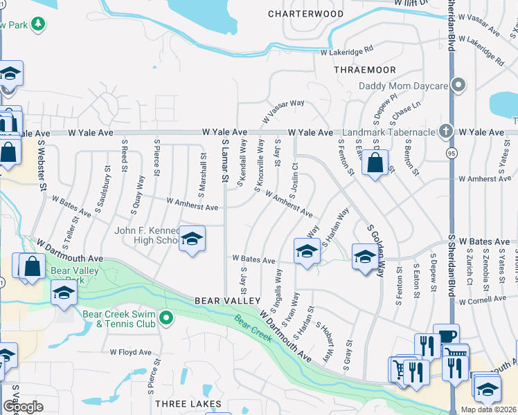 map of restaurants, bars, coffee shops, grocery stores, and more near 2801 South Jay Street in Denver