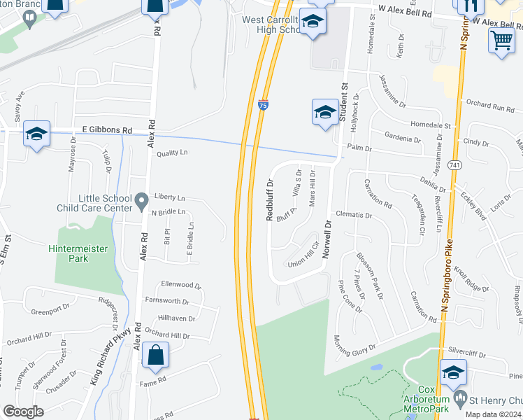 map of restaurants, bars, coffee shops, grocery stores, and more near 1221 Redbluff Drive in Dayton