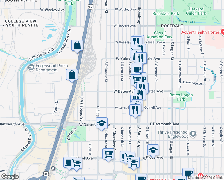 map of restaurants, bars, coffee shops, grocery stores, and more near 2872 South Cherokee Street in Englewood
