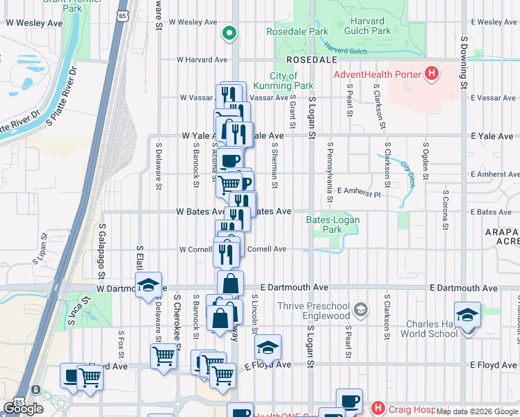 map of restaurants, bars, coffee shops, grocery stores, and more near 2877 South Lincoln Street in Englewood