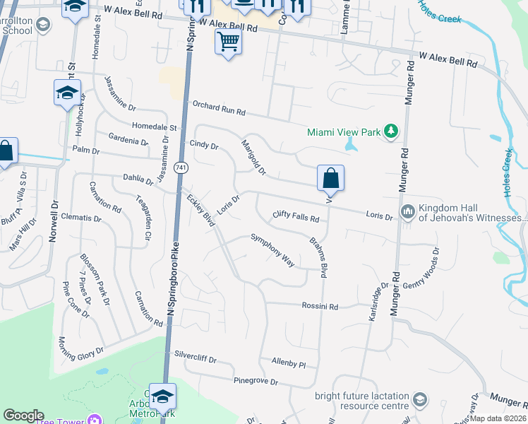 map of restaurants, bars, coffee shops, grocery stores, and more near 2729 Brahms Boulevard in Dayton