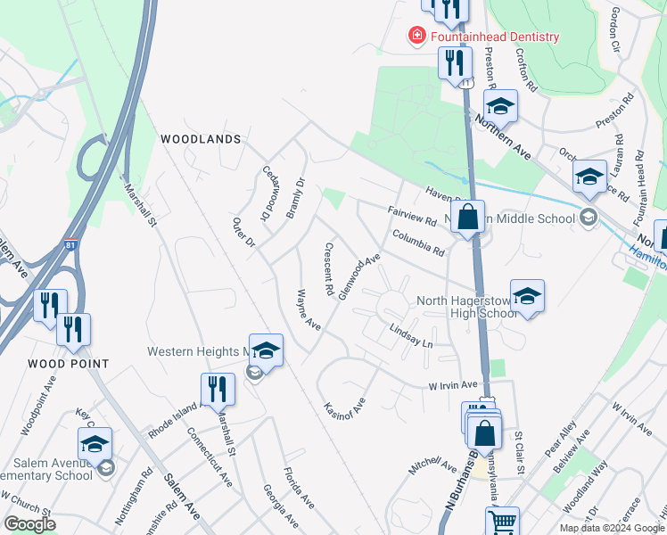 map of restaurants, bars, coffee shops, grocery stores, and more near 1226 Crescent Road in Hagerstown