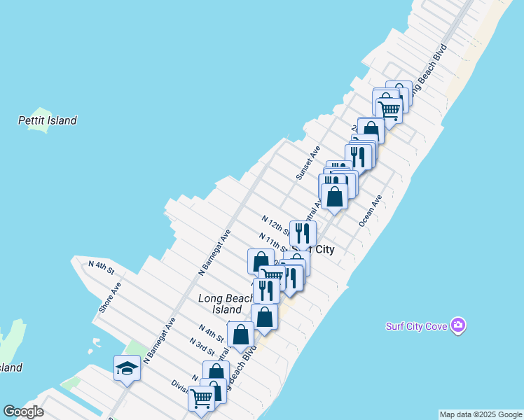 map of restaurants, bars, coffee shops, grocery stores, and more near 289 North 12th Street in Surf City