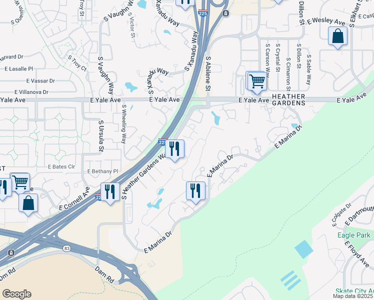 map of restaurants, bars, coffee shops, grocery stores, and more near 2868 South Heather Gardens Way in Aurora