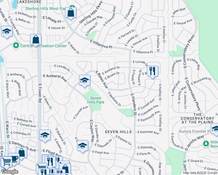 map of restaurants, bars, coffee shops, grocery stores, and more near 19472 East Brunswick Drive in Aurora