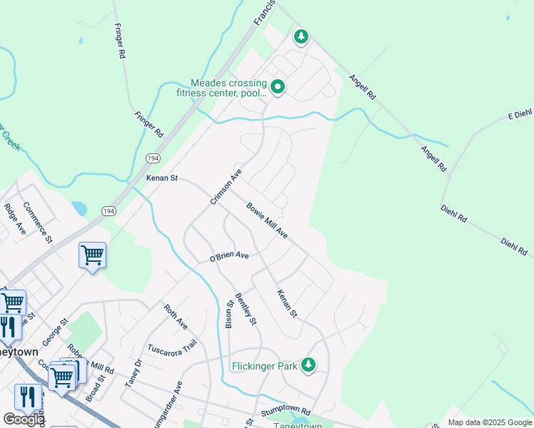 map of restaurants, bars, coffee shops, grocery stores, and more near 22 Bowie Mill Avenue in Taneytown