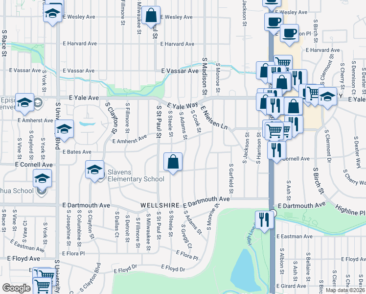 map of restaurants, bars, coffee shops, grocery stores, and more near 2900 South Steele Street in Denver