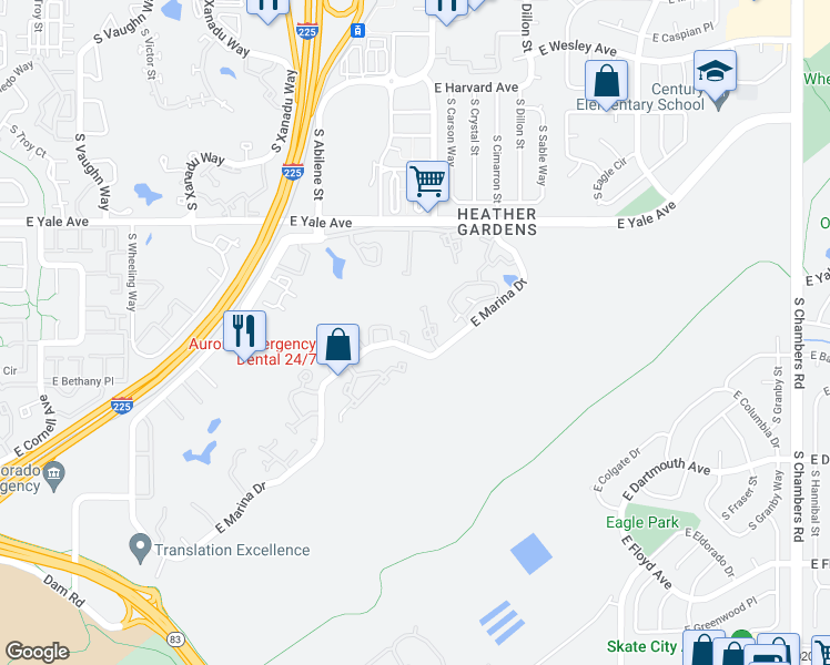 map of restaurants, bars, coffee shops, grocery stores, and more near 14001 East Marina Drive in Aurora