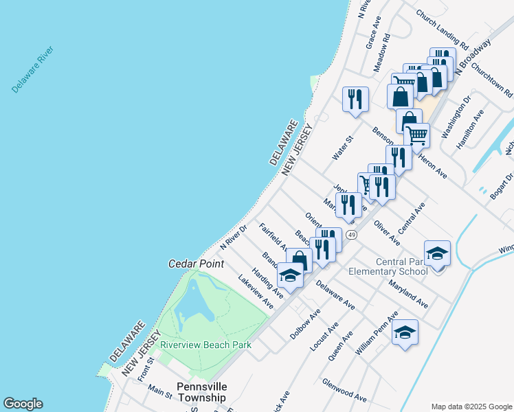 map of restaurants, bars, coffee shops, grocery stores, and more near 129 North River Drive in Pennsville Township