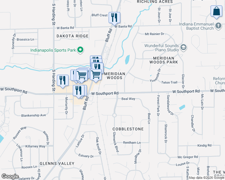 map of restaurants, bars, coffee shops, grocery stores, and more near 6959 Arjay Drive in Indianapolis
