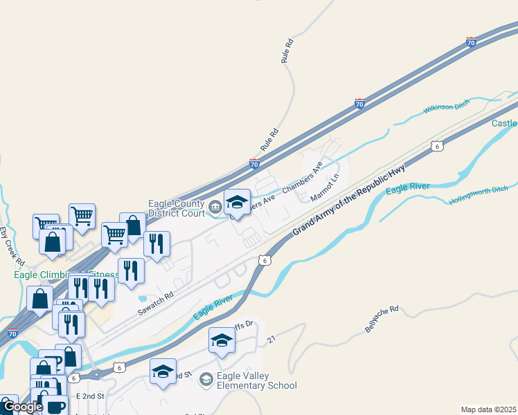map of restaurants, bars, coffee shops, grocery stores, and more near 1046 Chambers Avenue in Eagle