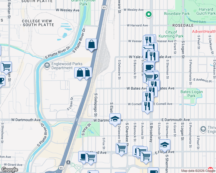 map of restaurants, bars, coffee shops, grocery stores, and more near 501 West Bates Avenue in Englewood