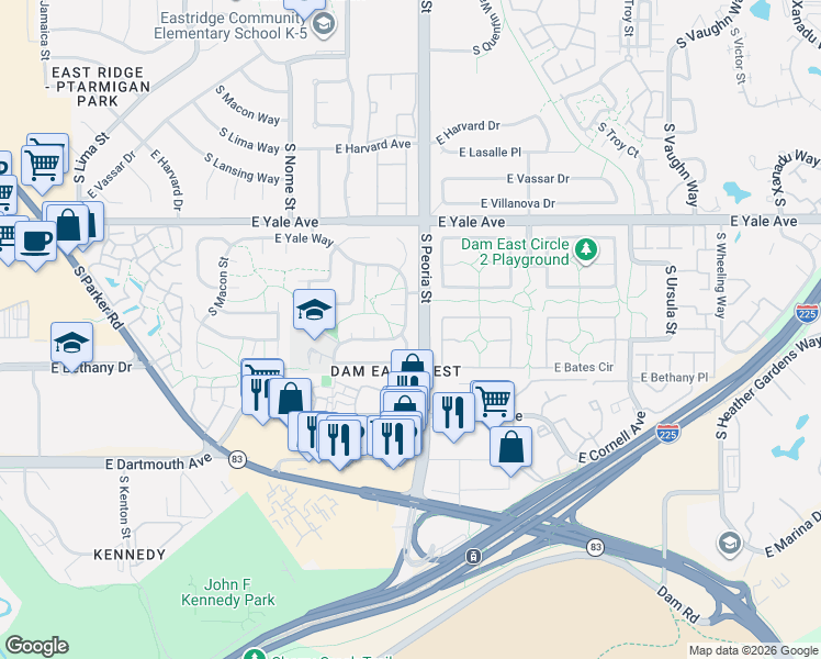 map of restaurants, bars, coffee shops, grocery stores, and more near 12048 East Amherst Place in Aurora