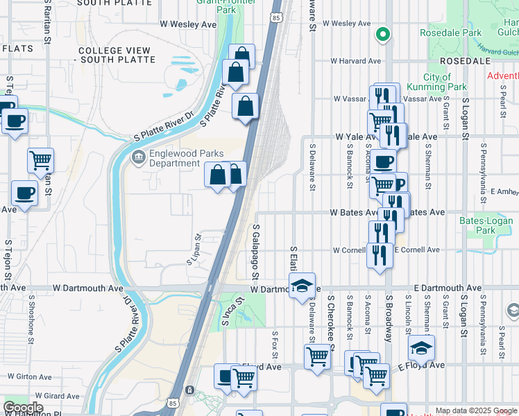 map of restaurants, bars, coffee shops, grocery stores, and more near 2892 South Galapago Court in Englewood