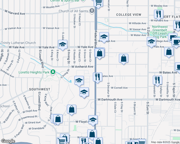 map of restaurants, bars, coffee shops, grocery stores, and more near in Denver