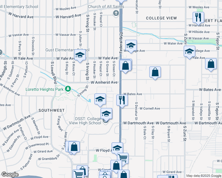 map of restaurants, bars, coffee shops, grocery stores, and more near 3104 West Amherst Avenue in Denver