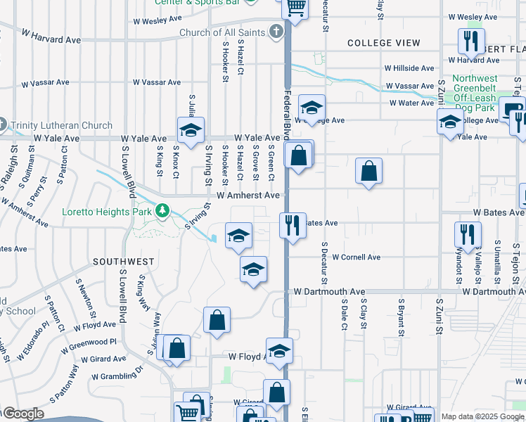 map of restaurants, bars, coffee shops, grocery stores, and more near 3104 West Amherst Avenue in Denver