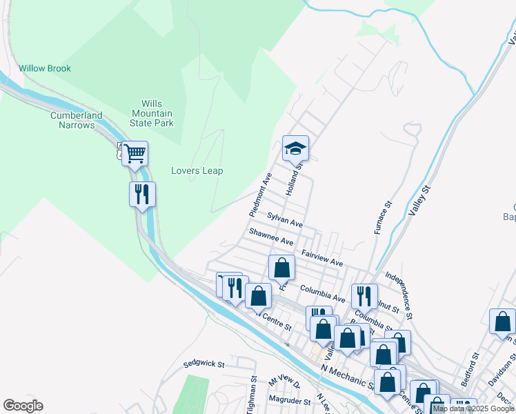 map of restaurants, bars, coffee shops, grocery stores, and more near 603 Piedmont Avenue in Cumberland