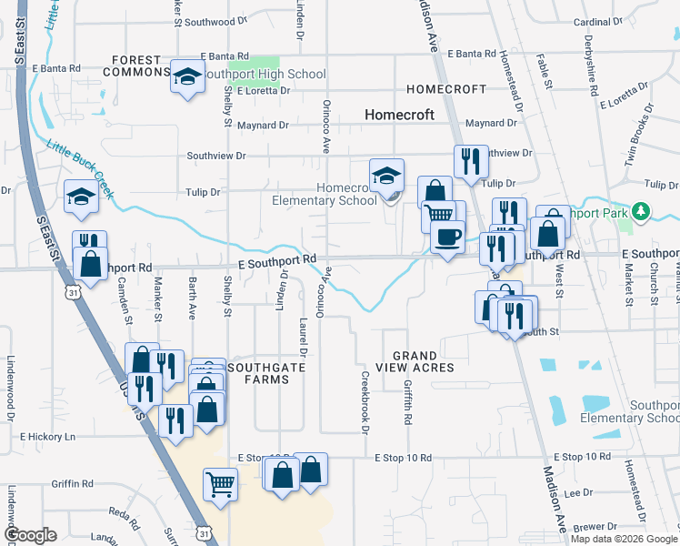 map of restaurants, bars, coffee shops, grocery stores, and more near 1451 East Southport Road in Indianapolis