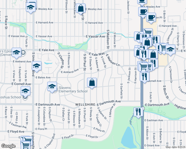 map of restaurants, bars, coffee shops, grocery stores, and more near 2900 South Steele Street in Denver