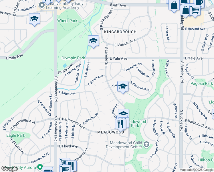 map of restaurants, bars, coffee shops, grocery stores, and more near 15983 East Bates Place in Aurora