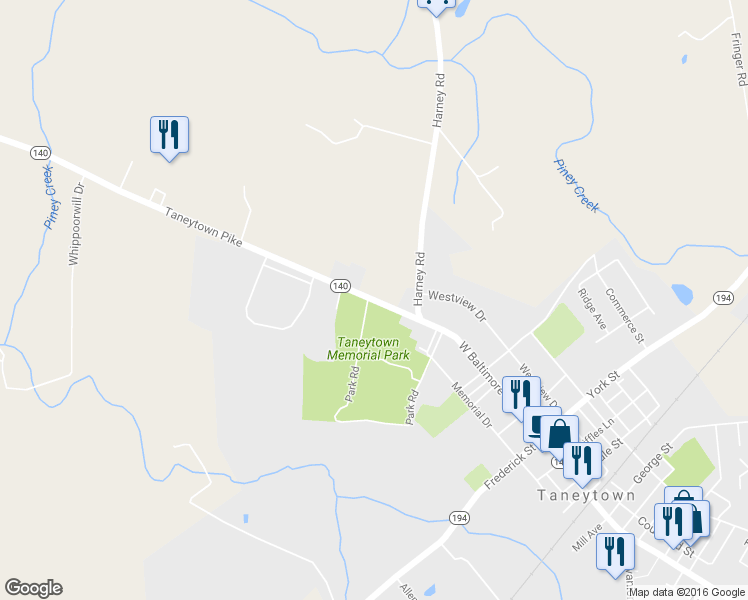 map of restaurants, bars, coffee shops, grocery stores, and more near 194 Highway 140 in Taneytown