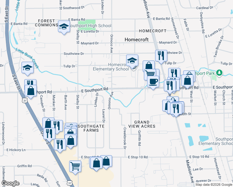 map of restaurants, bars, coffee shops, grocery stores, and more near 1451 East Southport Road in Indianapolis