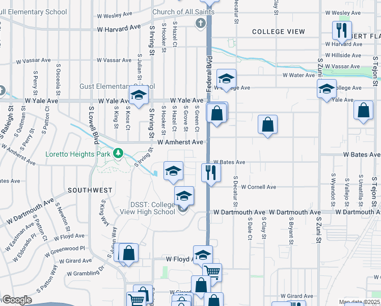 map of restaurants, bars, coffee shops, grocery stores, and more near 2856 South Pancratia Street in Denver