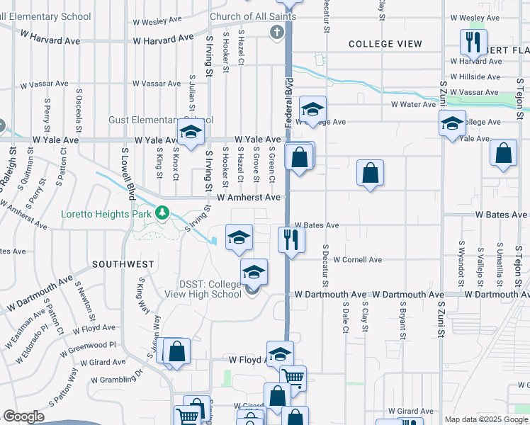 map of restaurants, bars, coffee shops, grocery stores, and more near 2860 South Pancratia Street in Denver