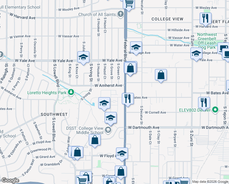 map of restaurants, bars, coffee shops, grocery stores, and more near 2856 South Pancratia Street in Denver