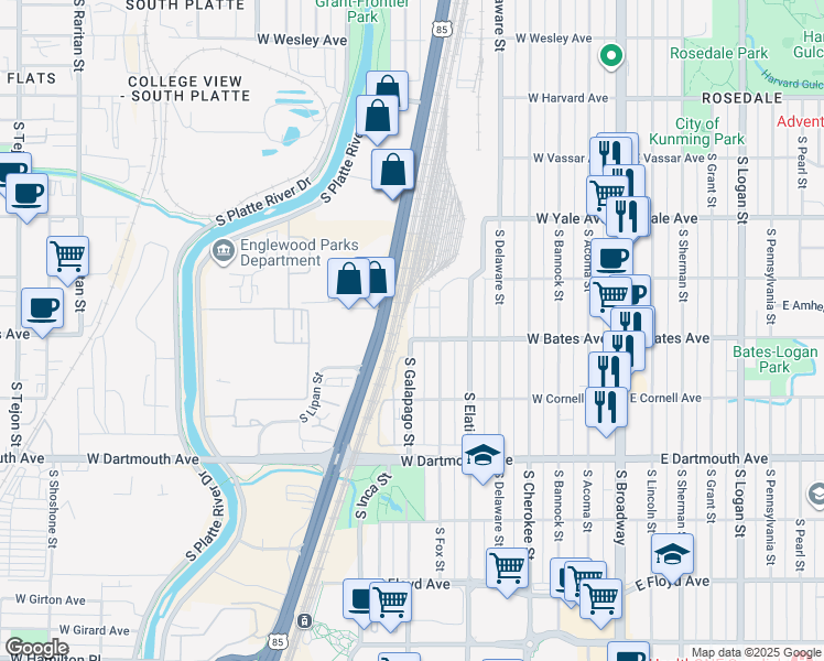 map of restaurants, bars, coffee shops, grocery stores, and more near 2892 South Galapago Court in Englewood