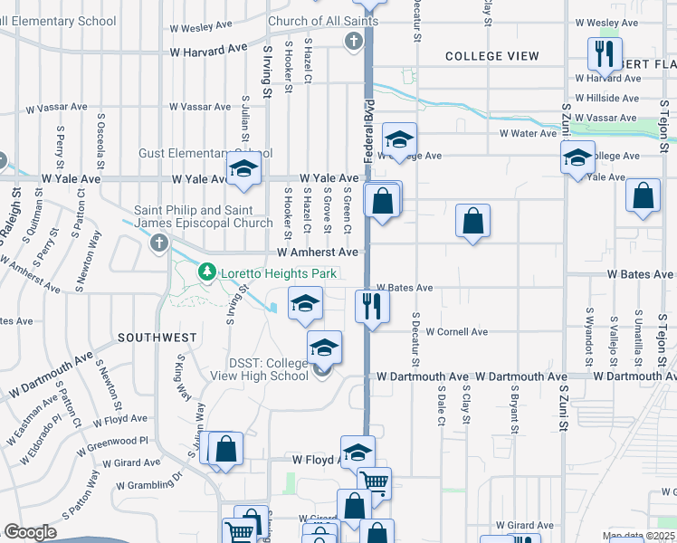 map of restaurants, bars, coffee shops, grocery stores, and more near 2860 South Pancratia Street in Denver