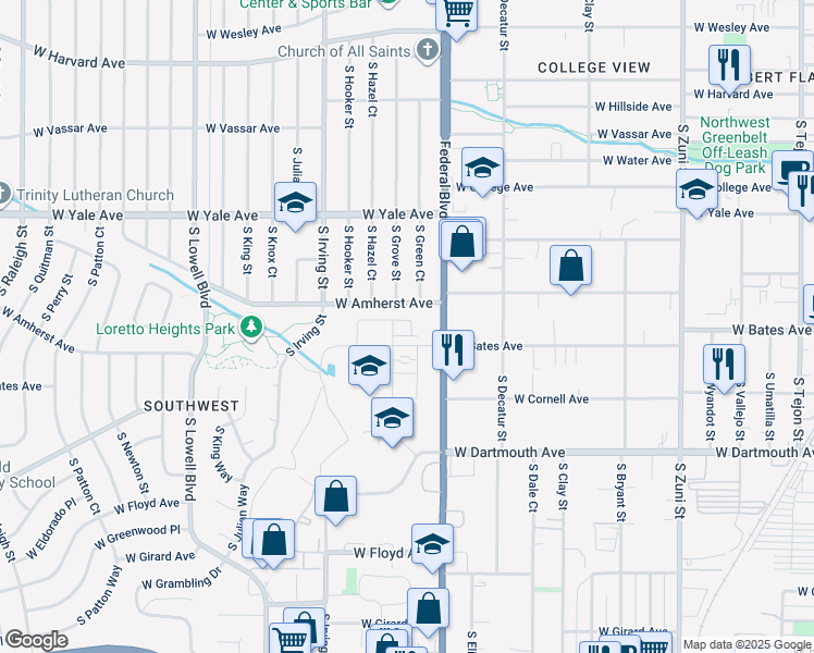 map of restaurants, bars, coffee shops, grocery stores, and more near 2858 South Pancratia Street in Denver