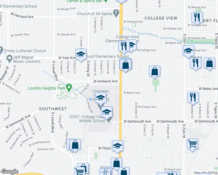 map of restaurants, bars, coffee shops, grocery stores, and more near 2850 South Pancratia Street in Denver