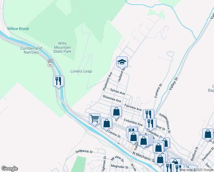 map of restaurants, bars, coffee shops, grocery stores, and more near 603 Piedmont Avenue in Cumberland